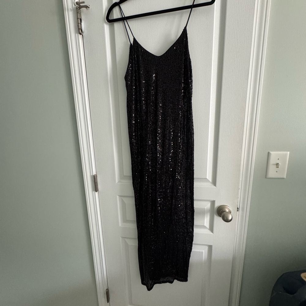 BUCKETLIST Black Sequin Slip Midi Dress
